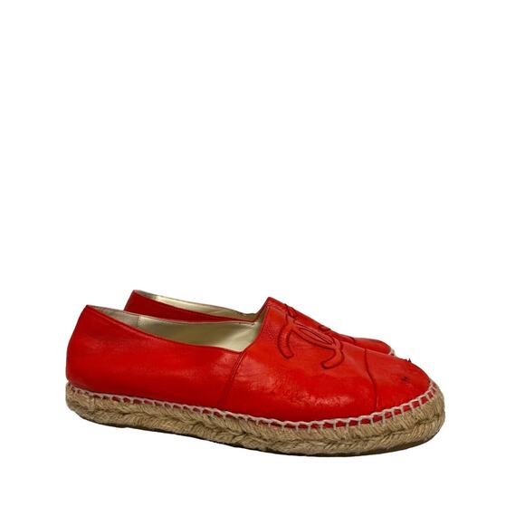 CHANEL Red Lambskin Leather CC Logo Cap Toe Espadrilles Loafers Size 37 US 7 - Picture 6 of 11